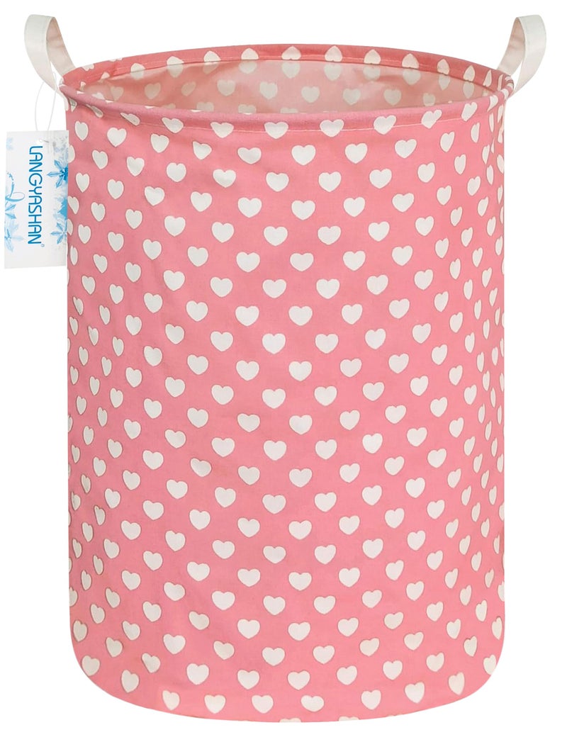 LANGYASHAN Laundry Basket Canvas Fabric Collapsible Organizer Basket for Storage Bin Toy Bins Gift Baskets Bedroom Clothes Children Nursery Hamper (pink heart) - Image 1